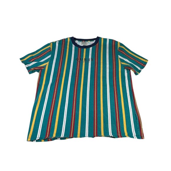 VTG Guess Originals Guess Los Angeles Shirt Men's Sz L Striped Green Navy Collar - Picture 2 of 8